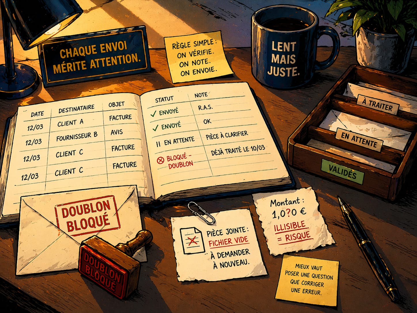 Un bureau montre un registre clair, un doublon stoppé et une donnée incorrecte mise de côté.