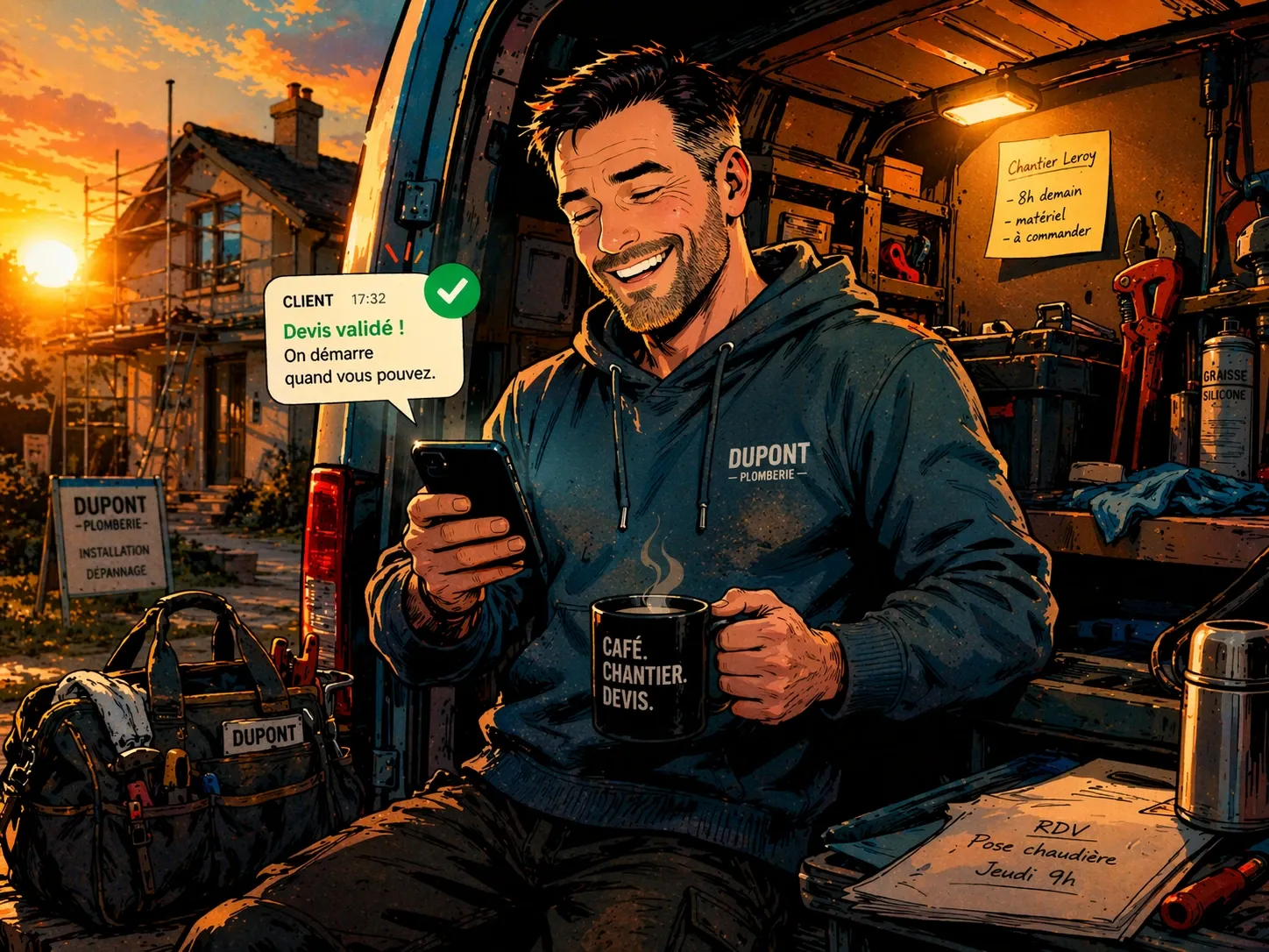 Un plombier constate avec soulagement qu’un devis suivi correctement a enfin reçu une réponse.