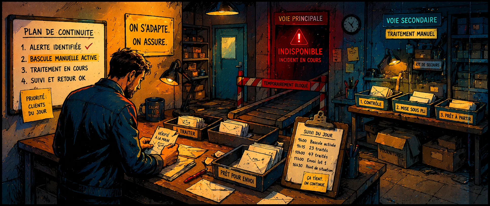 Dans un atelier de bureau, un entrepreneur continue à traiter ses dossiers grâce à une solution de secours pendant une panne.