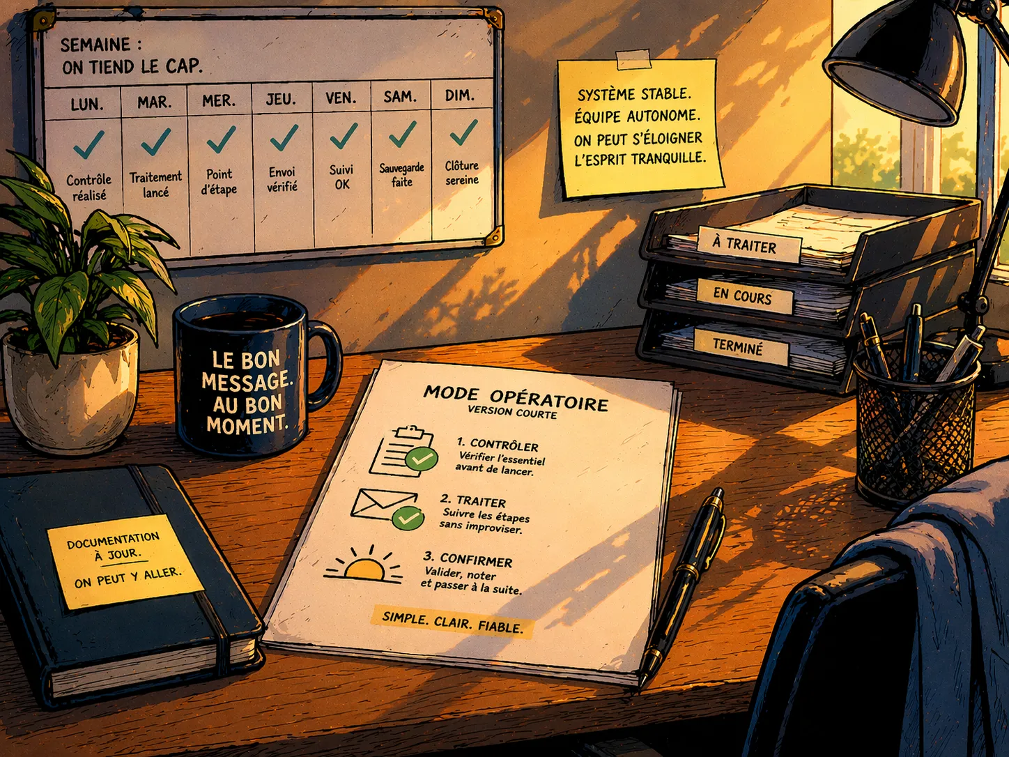Un bureau calme et rangé montre une courte documentation et sept jours validés sans incident.