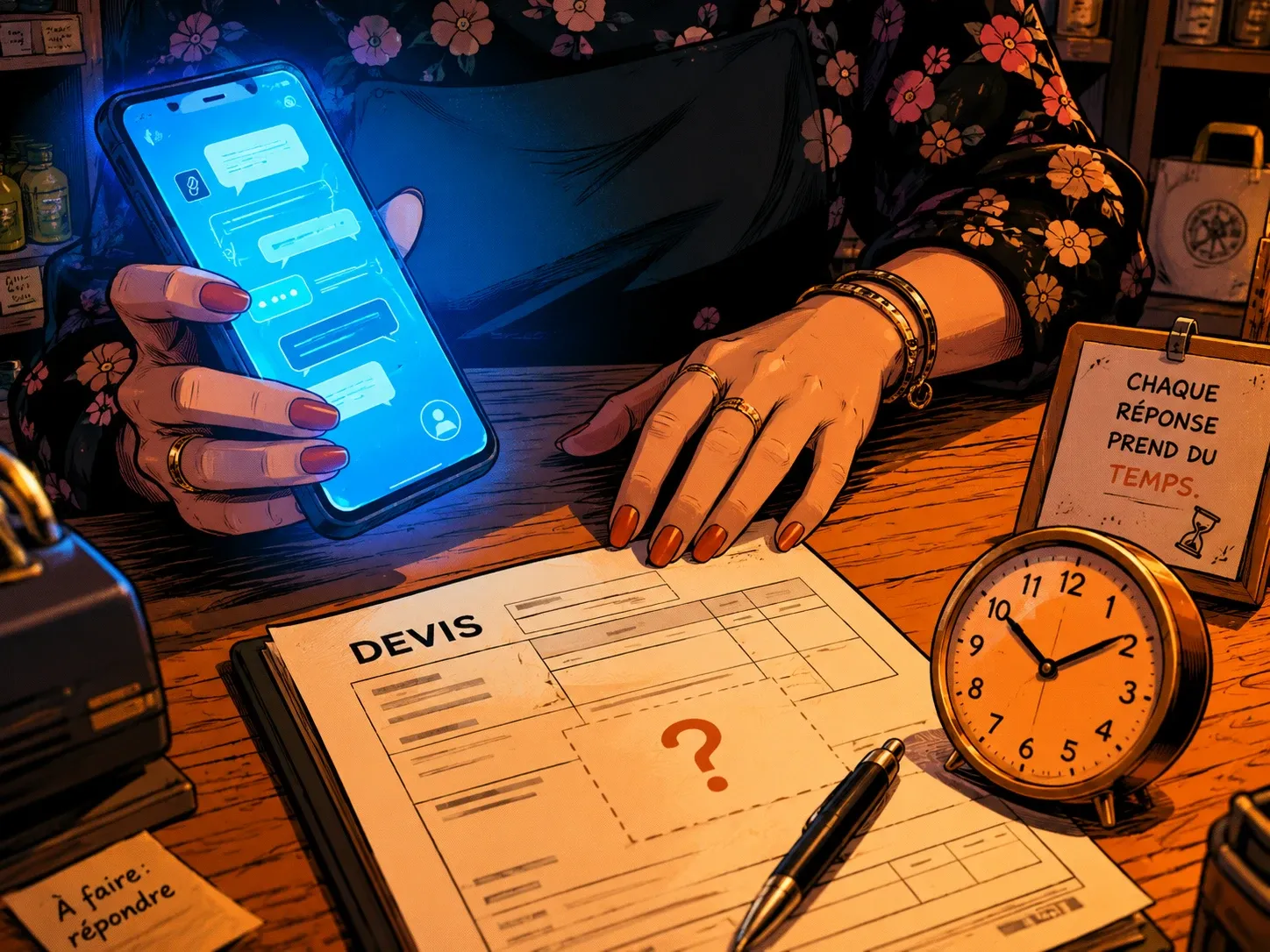 Les mains d’une commerçante cherchent une information sur un téléphone à côté d’un devis incomplet.