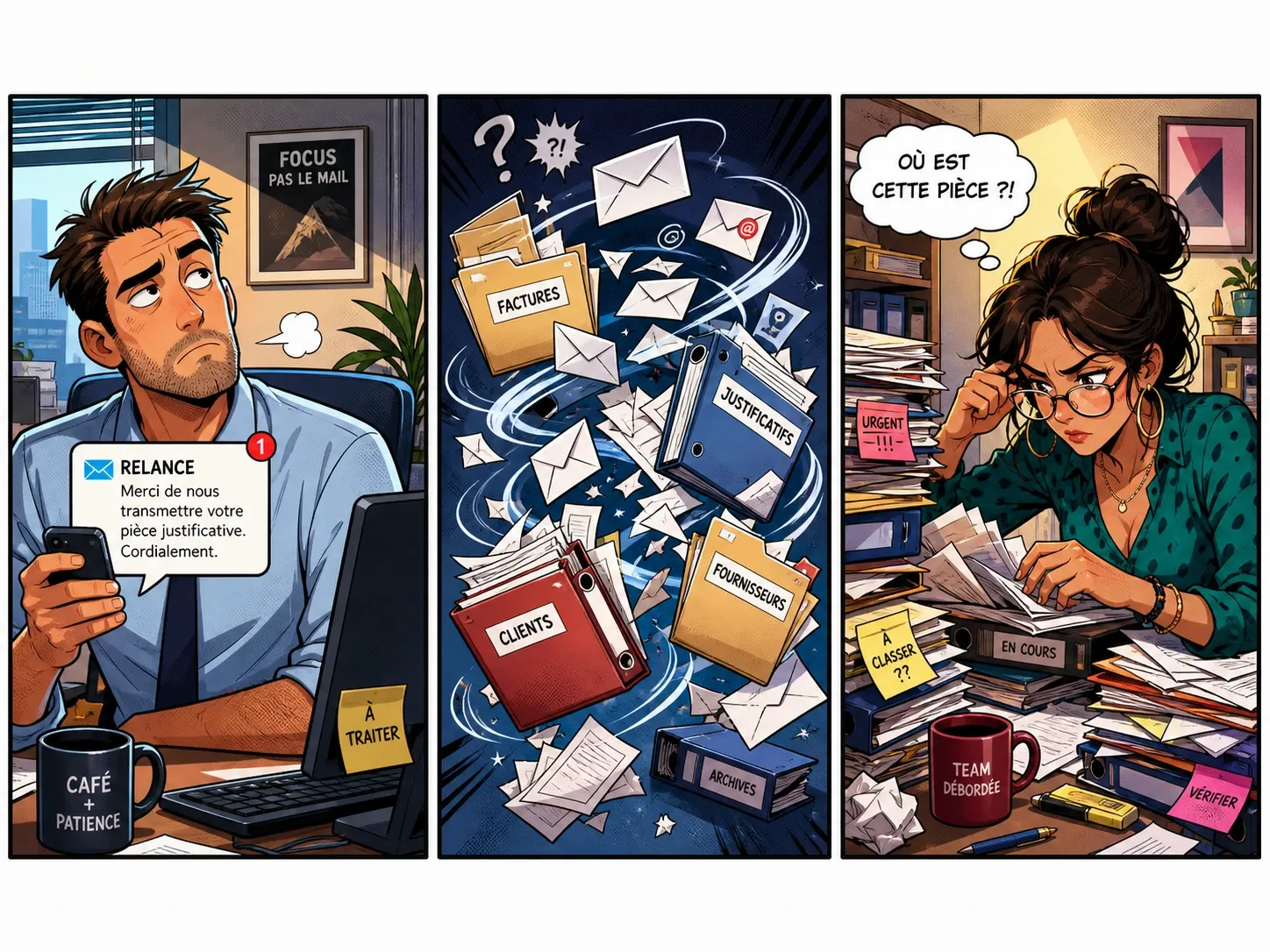 Strip en trois scènes montrant un client relancé à tort puis une recherche confuse de la pièce déjà envoyée.