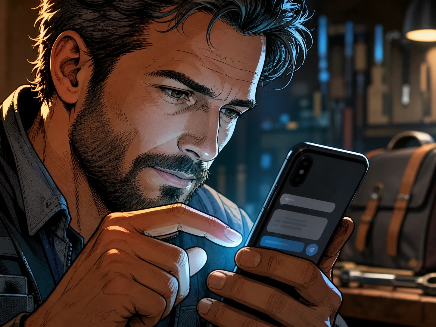 Un chauffagiste examine attentivement sur son téléphone un message client préparé par l’IA avant de l’envoyer.