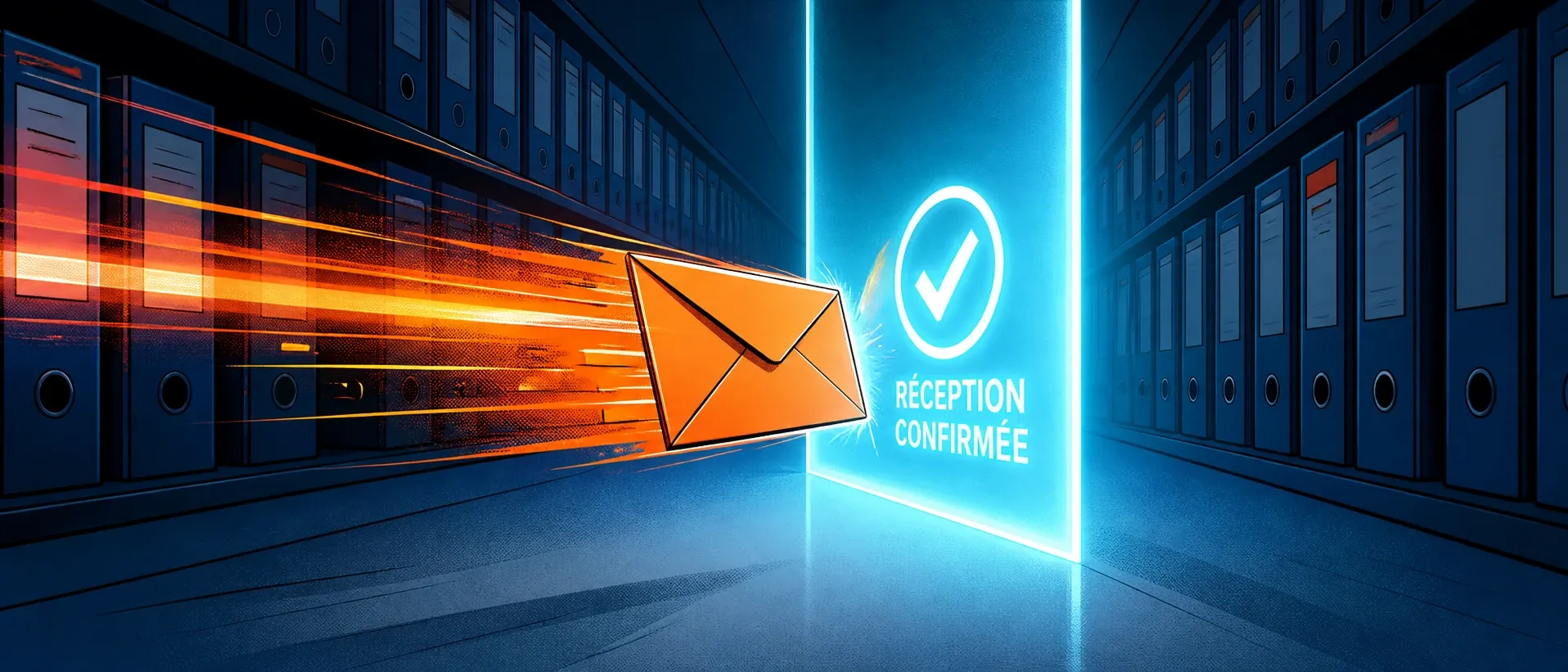 Illustration panoramique d’une relance symbolisée par une enveloppe orange arrêtée par un signal de réception confirmé.