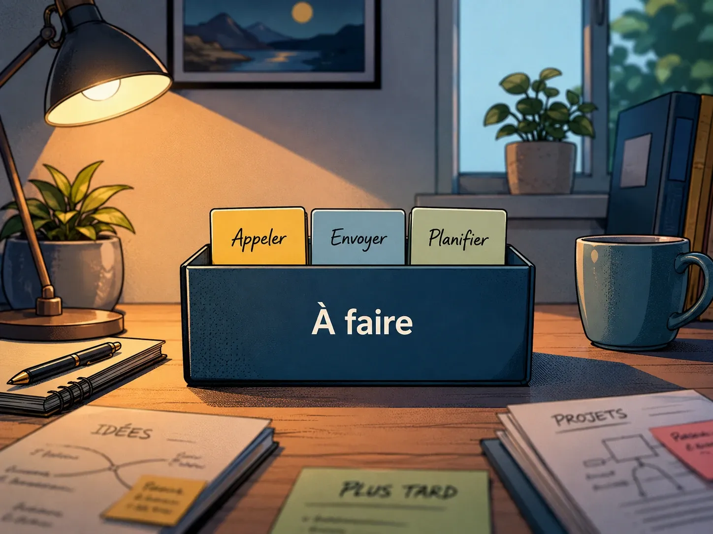 Une petite boîte de suivi contient quelques fiches d’actions client sur un bureau dégagé.