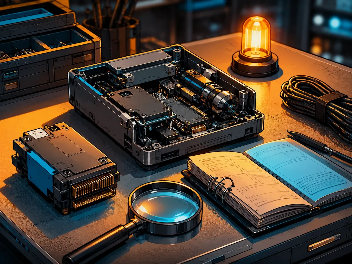 Un établi montre des modules numériques, une loupe et un carnet de maintenance.