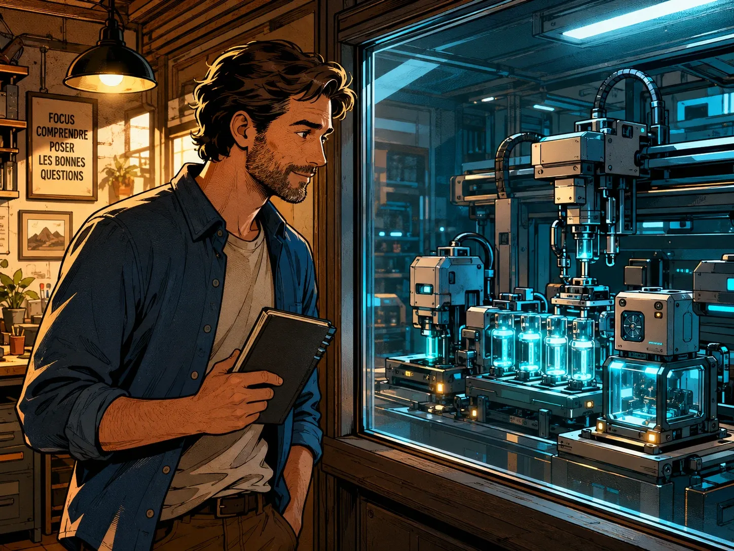 Un homme non technicien observe une automatisation visible et compréhensible dans son atelier-bureau.