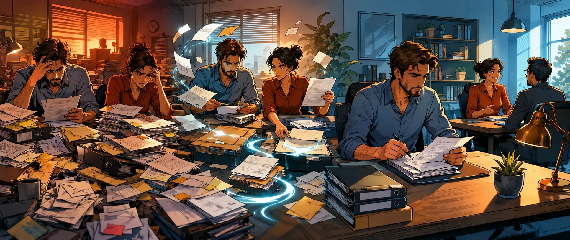 Trois scènes montrent deux professionnels passant d’un bureau saturé de dossiers à une organisation plus fluide et sereine.