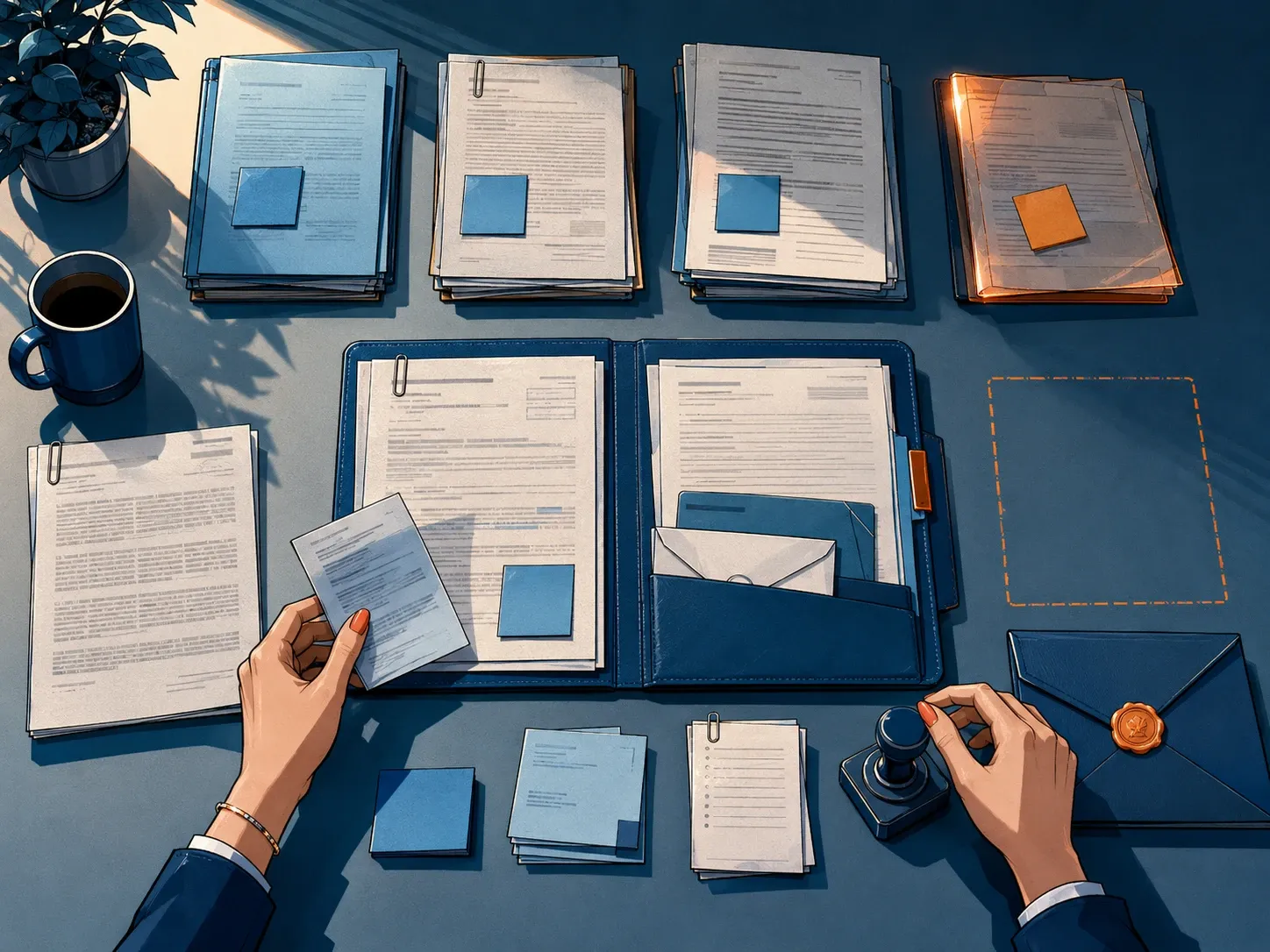 Vue du dessus d’un dossier préparé avec les documents reçus, une pièce manquante, un fichier à vérifier et un brouillon de relance.