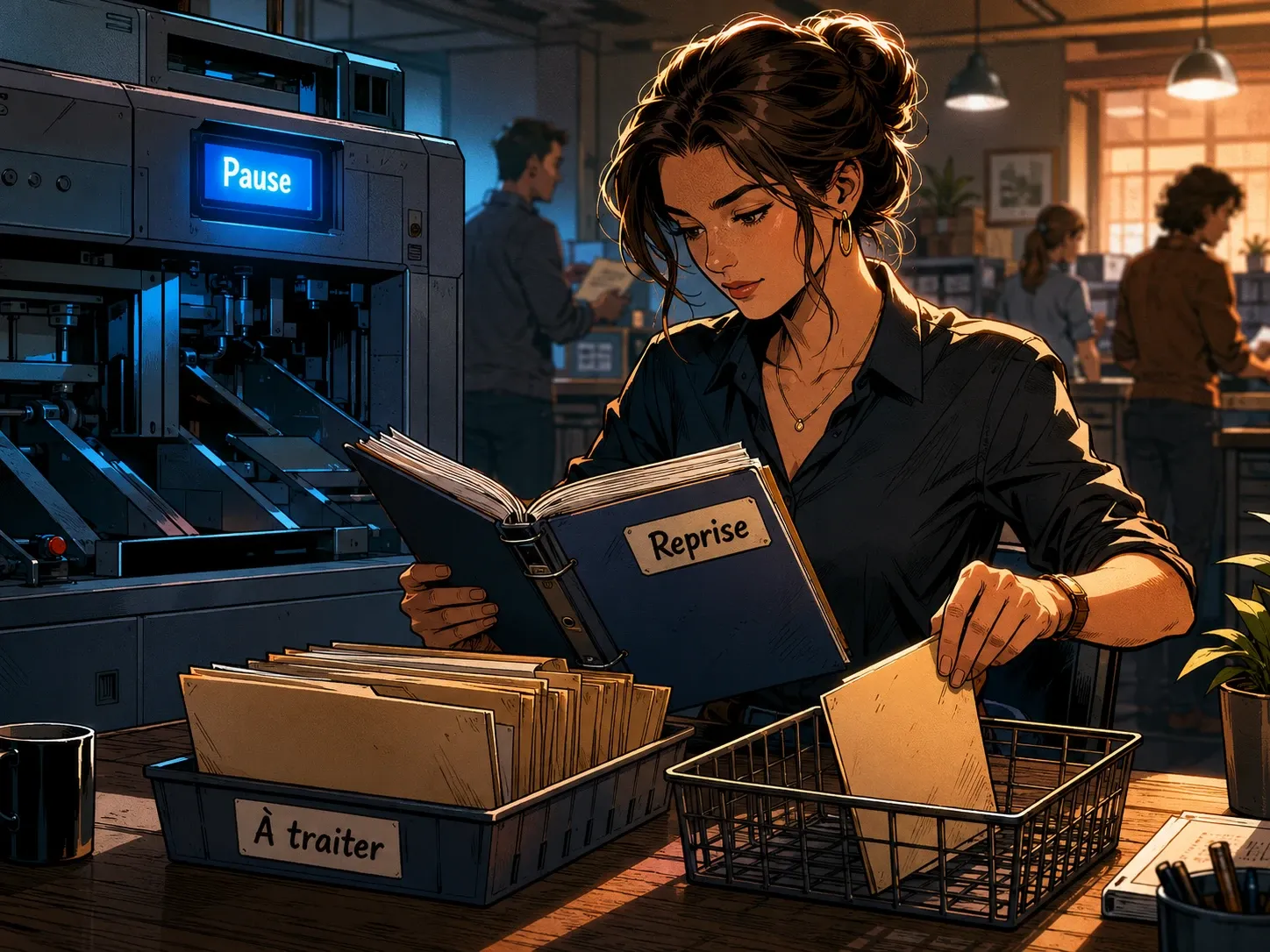 Un personnage féminin applique une procédure de reprise manuelle pendant qu’une machine de tri automatisée reste en pause.