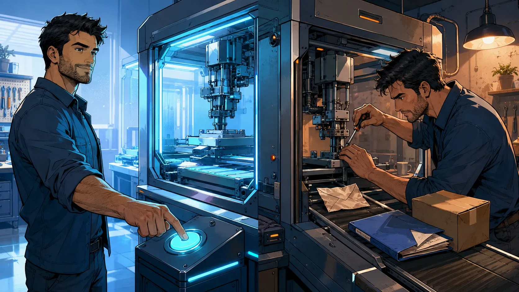 Un personnage masculin lance une nouvelle machine puis l’ajuste quelques semaines plus tard face à des cas réels imprévus.