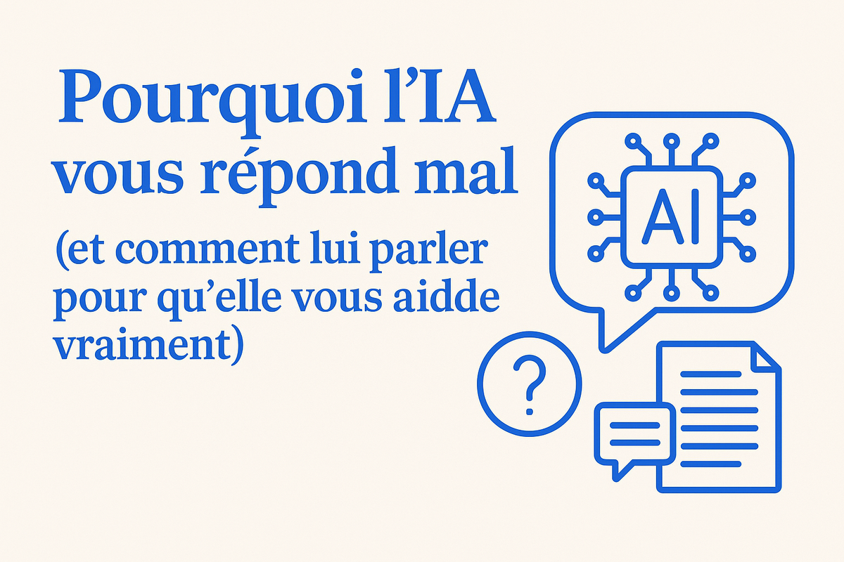 Illustration montrant une TPE qui pose une question à une IA et reçoit une réponse trop longue, pour représenter les difficultés lors des premiers usages de l’IA.