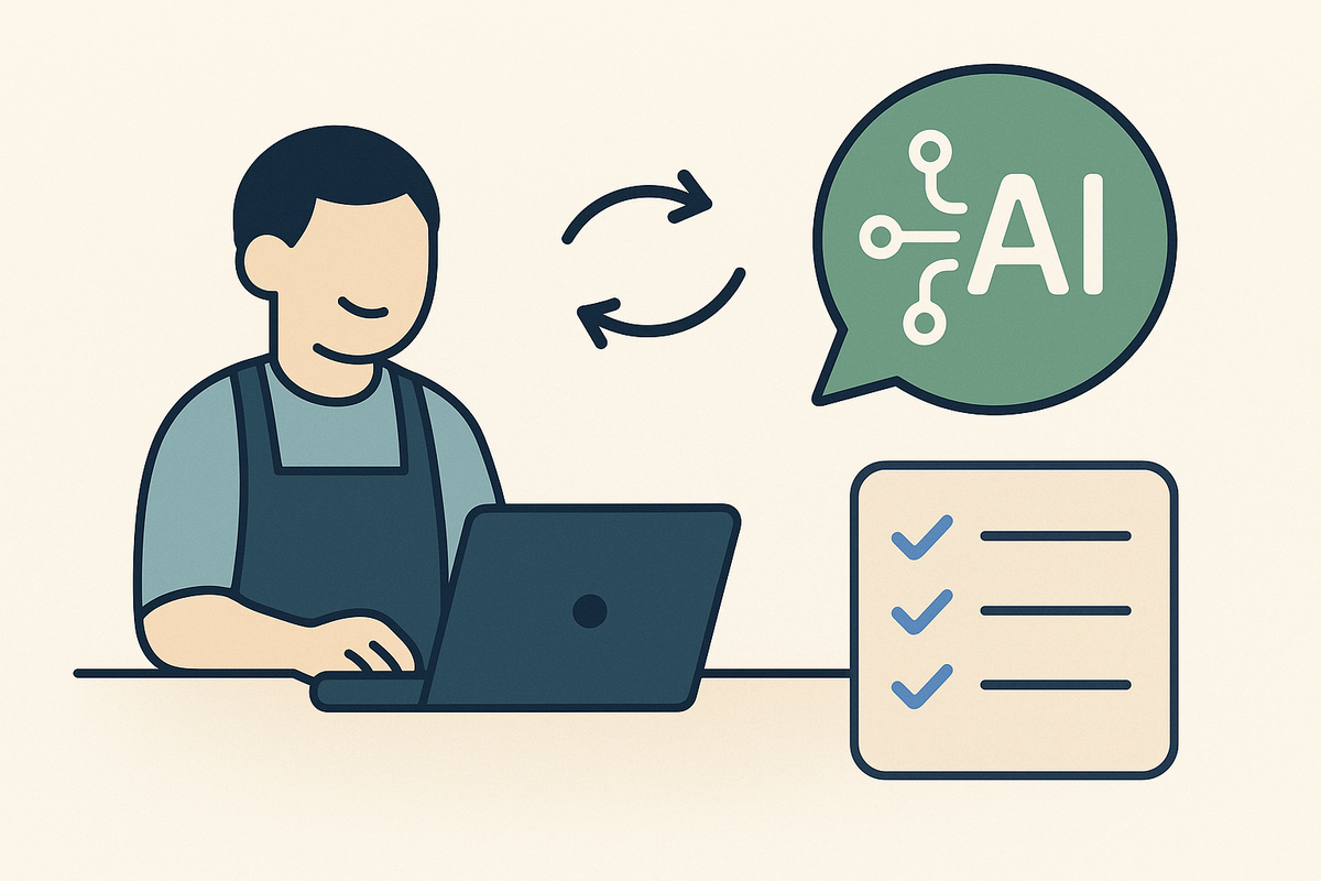 Illustration d’un entrepreneur de TPE utilisant son ordinateur avec l’aide d’une IA, symbolisée par une bulle verte, et une checklist. Style flat design simple et pédagogique.