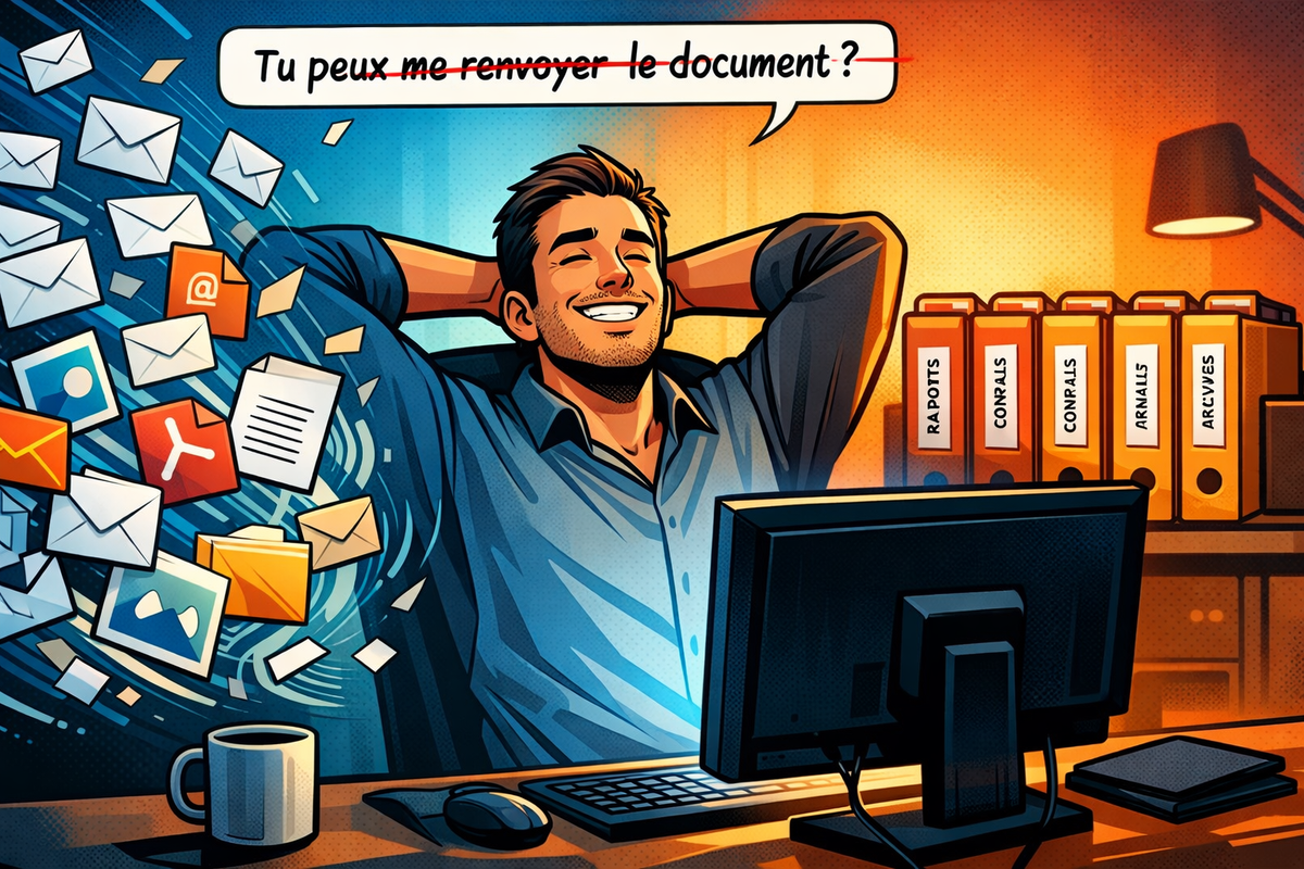 Un entrepreneur voit des pièces jointes se ranger automatiquement en dossiers, avec la phrase “Tu peux me renvoyer le document ?” barrée.
