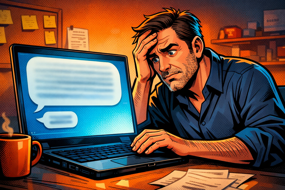 Un patron de TPE regarde une réponse d’IA beaucoup trop longue sur son ordinateur, l’air perplexe.