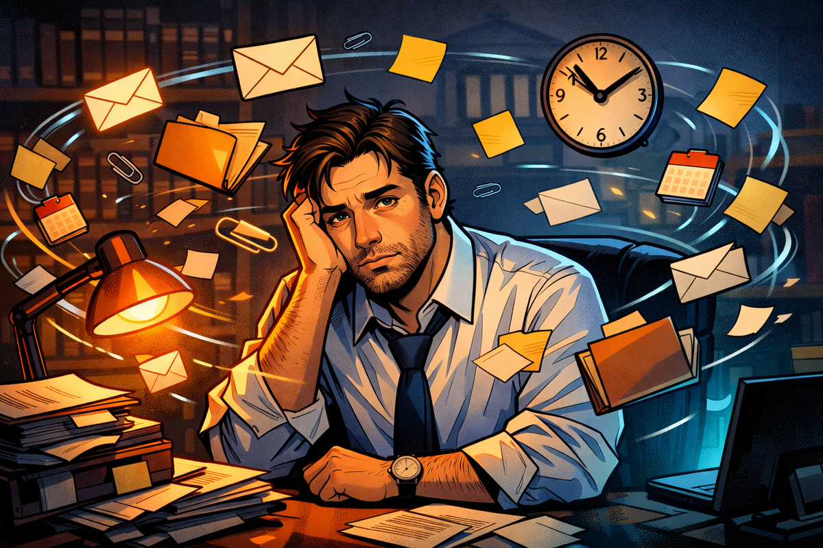 Un avocat fatigué travaille tard, entouré d’icônes d’emails, dossiers et deadlines qui tourbillonnent autour de lui.