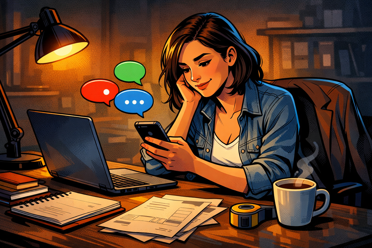 Entrepreneure de TPE au bureau le soir, téléphone et ordinateur ouverts pour répondre à des messages.