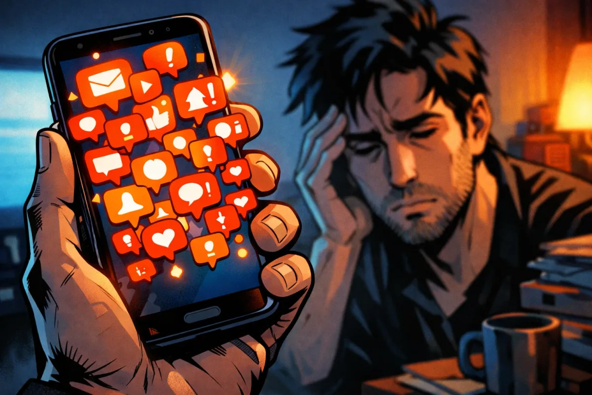 Gros plan sur un téléphone rempli de notifications dans la main d’un artisan épuisé en fin de journée.