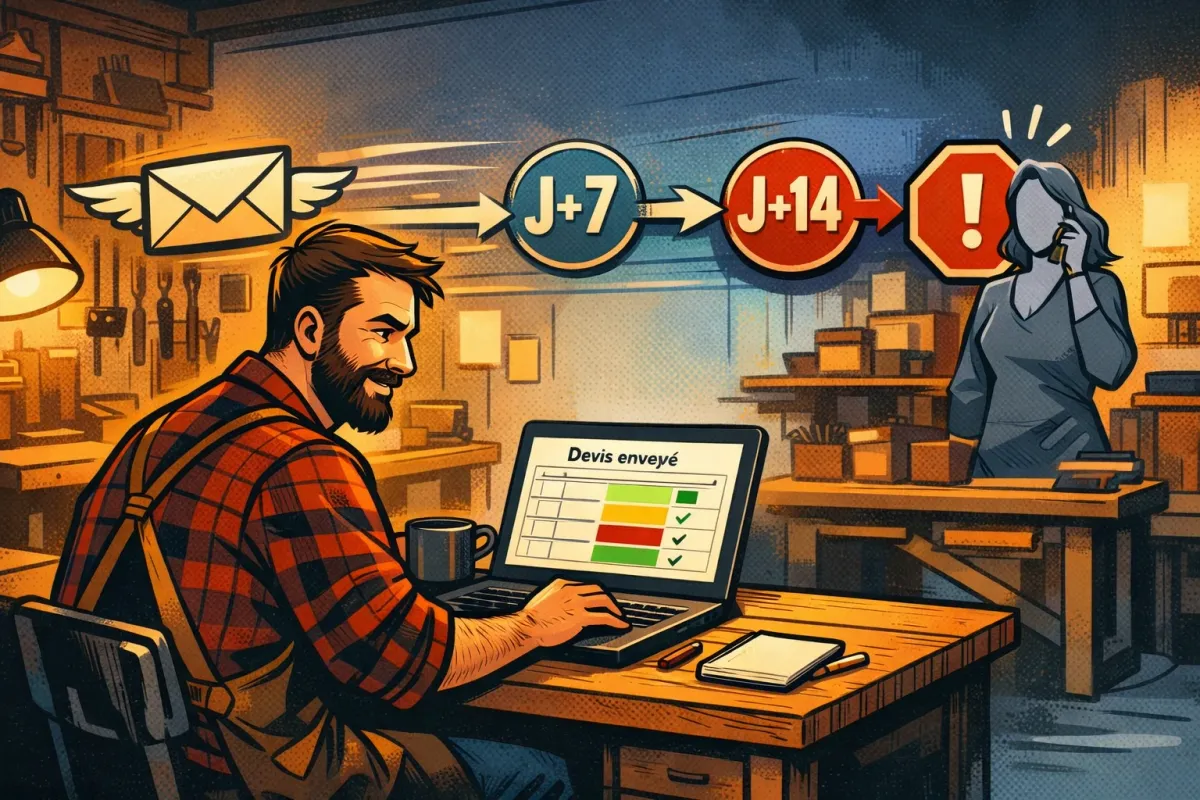 Un artisan consulte un tableau de suivi pendant qu’un enchaînement visuel suggère des relances automatiques après l’envoi d’un devis.
