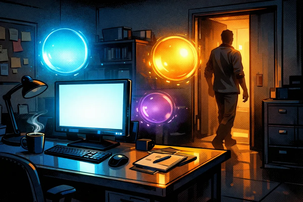 Un bureau de nuit avec un ordinateur allumé suggère un workflow qui analyse des sites web de façon autonome.