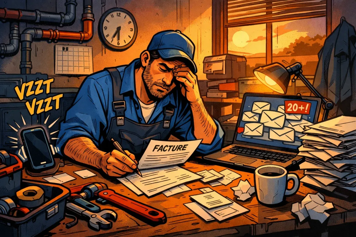 Un plombier en fin de journée fait face à plusieurs urgences dans son atelier tandis que des devis attendent encore une relance.