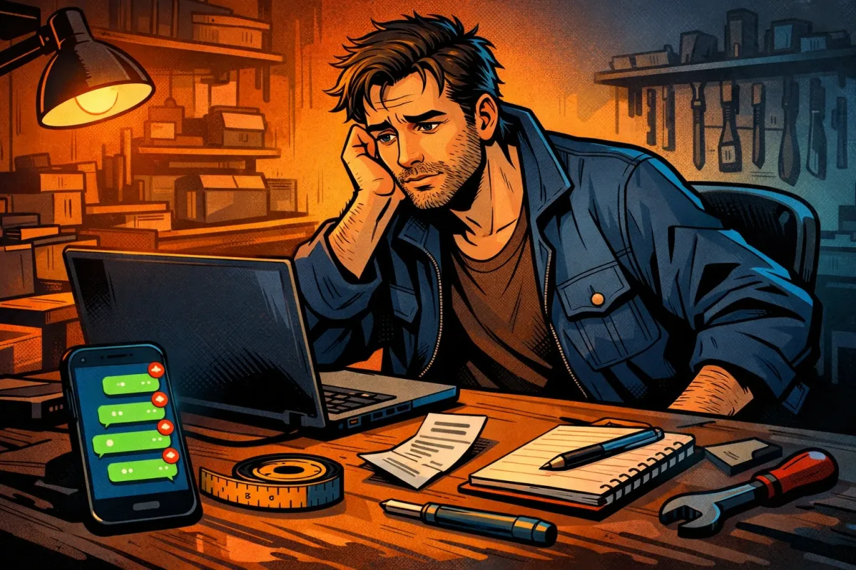 Un artisan fatigué en fin de journée regarde cinq messages clients pendant qu’un ordinateur l’aide à préparer une réponse.