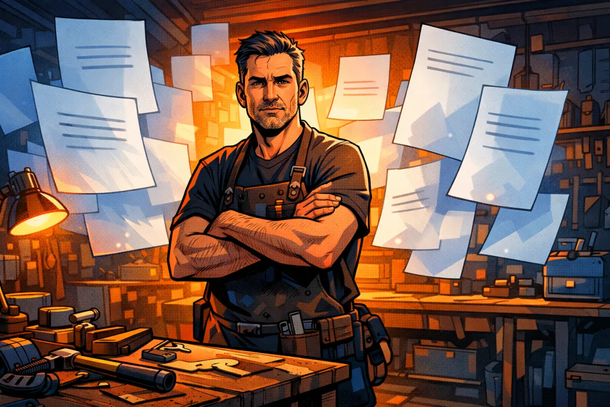 Un artisan dans son atelier fait face à des formes blanches impersonnelles qui contrastent avec l’ambiance chaude de son espace de travail.