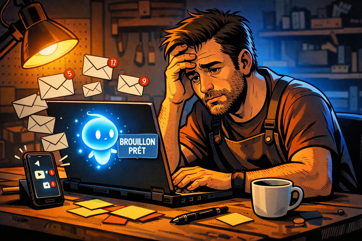 Un artisan fatigué devant son ordinateur le soir, avec une boîte mail débordante et un brouillon suggéré par une IA sur l’écran.