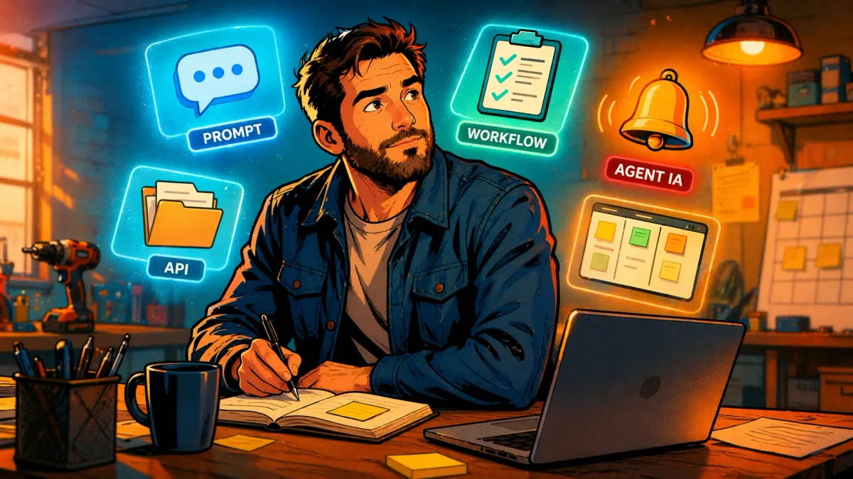 Un dirigeant de TPE entouré de cartes de vocabulaire IA reliées à des usages concrets comme les devis, les emails, le planning et les documents.