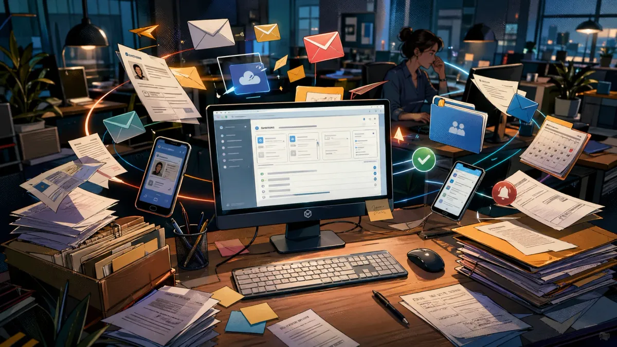 Un logiciel métier stable apparaît au centre d’un bureau tandis que des documents et validations dispersés gravitent autour.