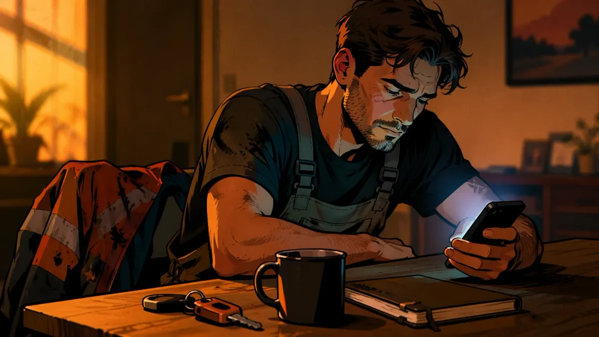 Un artisan fatigué en fin de journée reste assis à une table avec son téléphone allumé et ses affaires de chantier.