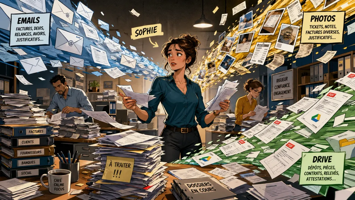 Sophie et ses collaborateurs font face à un flux de factures arrivant par email, téléphone et dossier partagé dans un cabinet comptable.