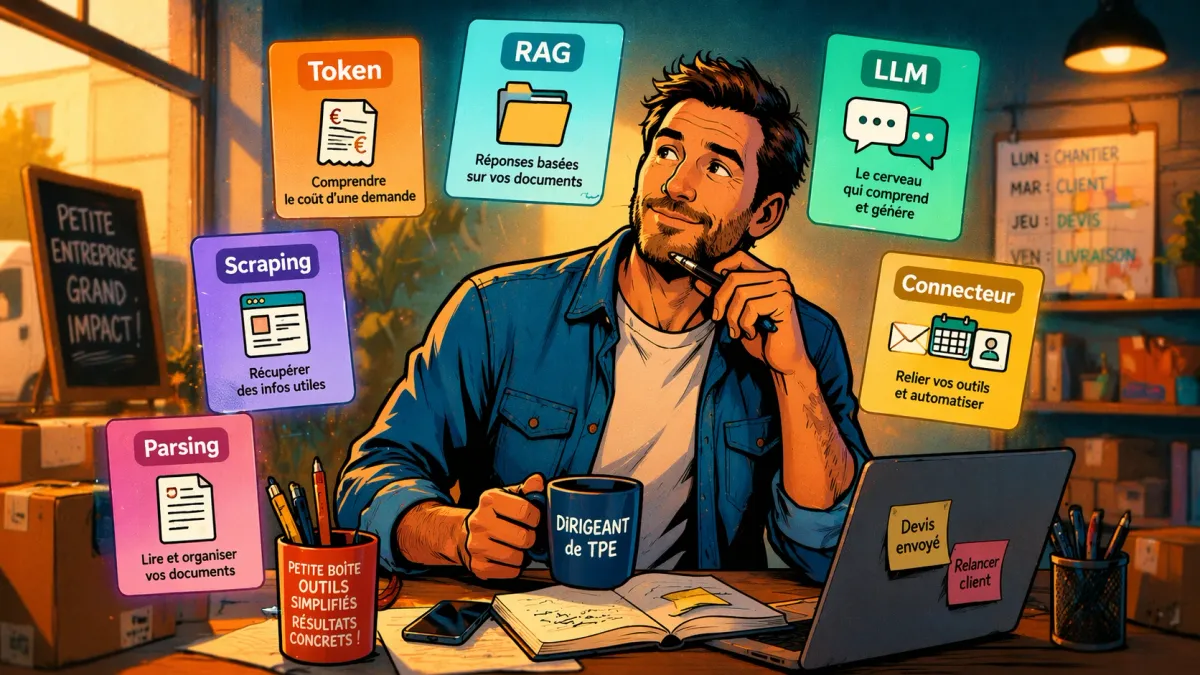 Un dirigeant de petite entreprise voit des mots techniques se transformer en outils simples sur son bureau.