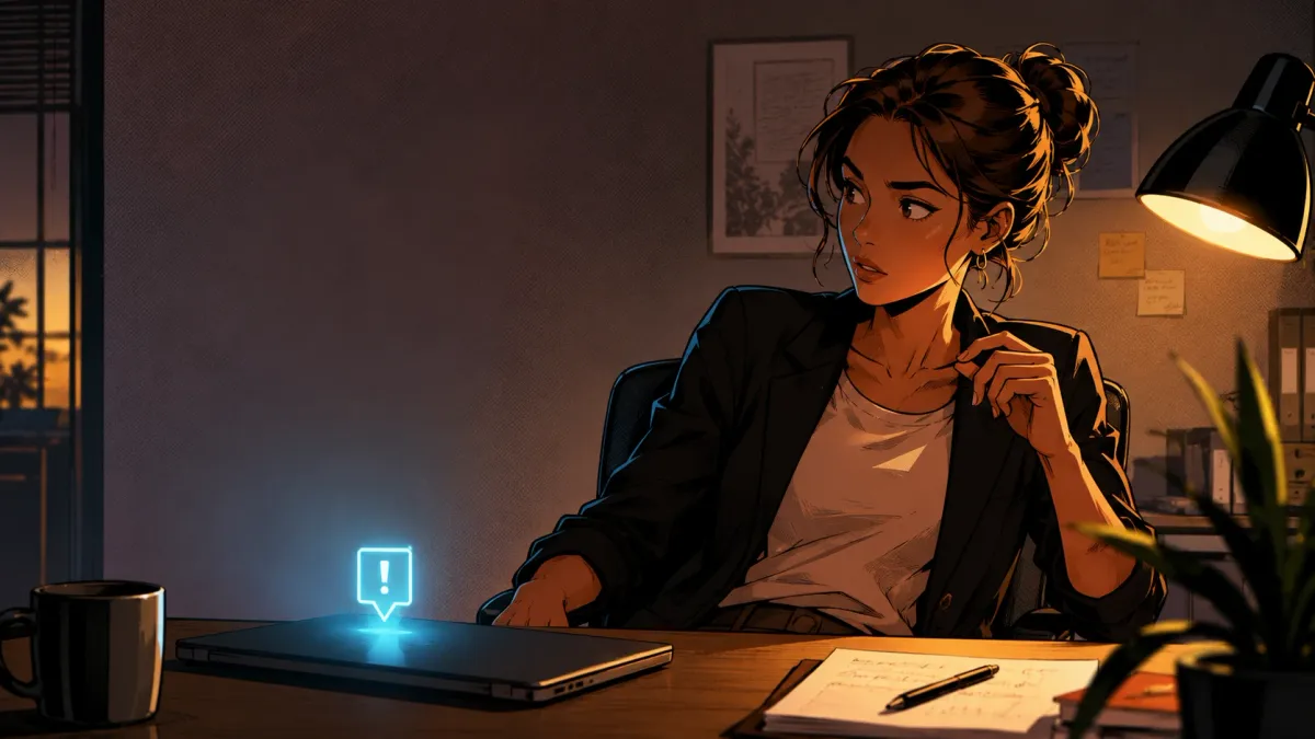 Une femme en débrief remarque une notification lumineuse importante mais peu explicite.