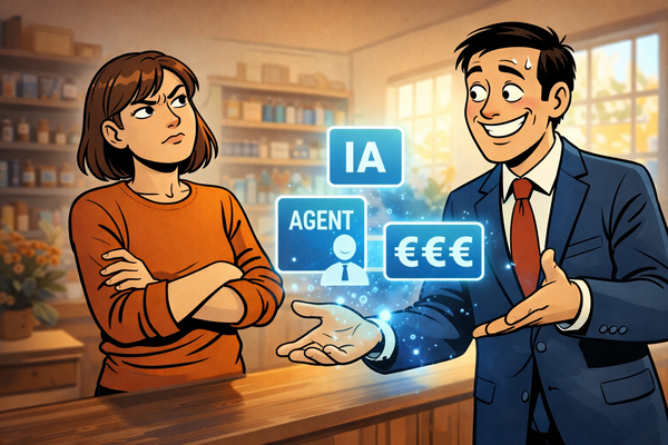 Commerçante méfiante face vendeur IA - Guide anti arnaque automatisation TPE