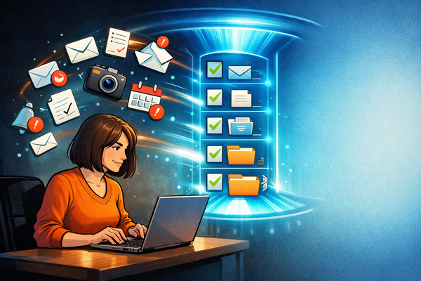 Entrepreneure de TPE devant son ordinateur, des micro tâches flottent puis se rangent automatiquement avec des coches vertes.