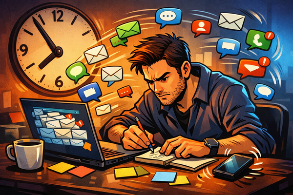 Un entrepreneur débordé au bureau, entouré de notifications et d’une horloge, hésite devant un email.