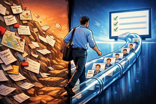 Un consultant passe d’un univers de collecte manuelle désordonnée à un pipeline visuel propre qui se remplit automatiquement.