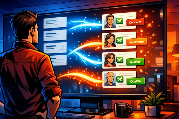 Un indépendant voit des fiches prospects se transformer sur son écran en contacts enrichis avec des adresses email.