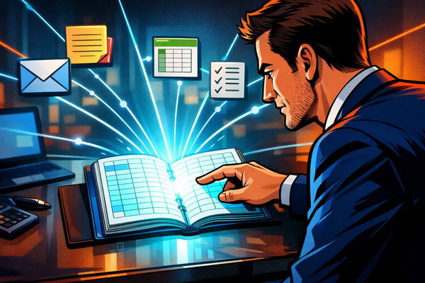 Un consultant observe un outil central lumineux sur un bureau, tandis que d’autres outils gravitent autour.