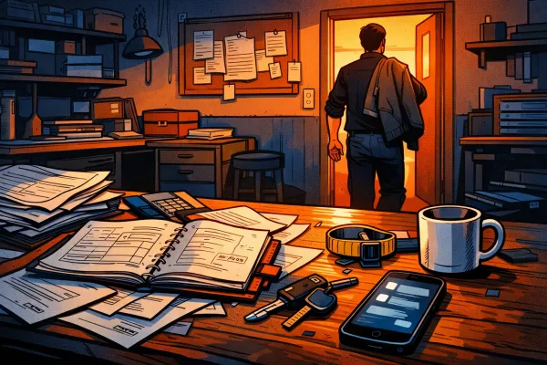 Un bureau d’artisan en fin de journée avec un téléphone laissé de côté pendant que son propriétaire quitte presque la pièce.