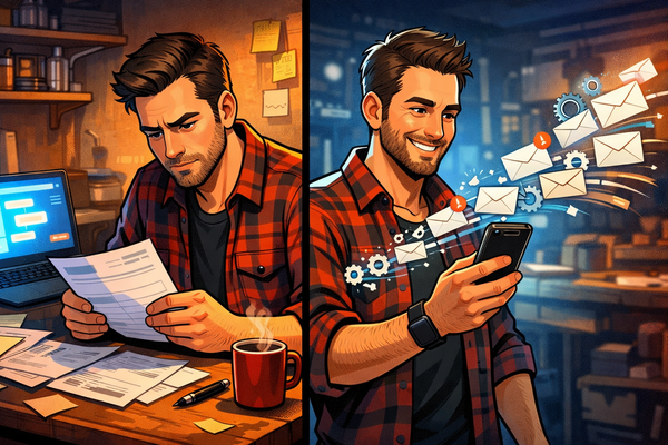 Illustration en deux volets montrant un artisan relisant un texte généré sur ordinateur et, à côté, des relances qui partent automatiquement.