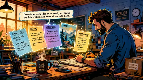 Dans un atelier-bureau, une consigne se transforme en plusieurs contenus utiles autour d’un personnage masculin.