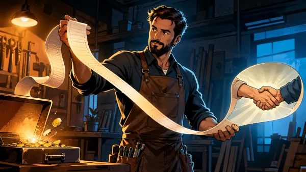 Un artisan tient un ruban de factures entre des éléments de trésorerie et une poignée de main symbolisant la relation client.