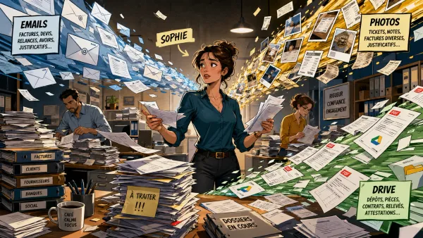 Sophie et ses collaborateurs font face à un flux de factures arrivant par email, téléphone et dossier partagé dans un cabinet comptable.