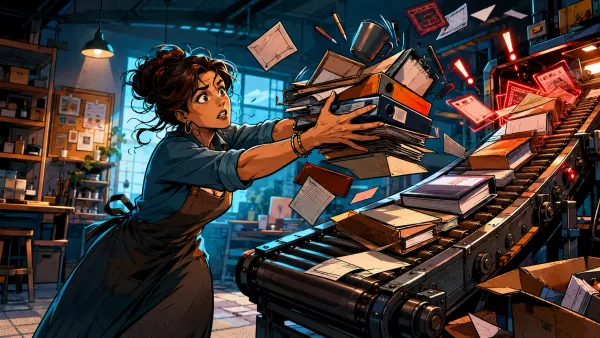 Une cheffe de petite entreprise tente de retenir un flux automatisé qui s’emballe et projette des erreurs autour d’elle.