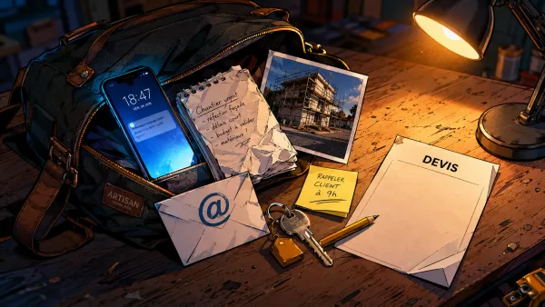 Une sacoche d’artisan ouverte laisse apparaître un téléphone, des notes, une photo et un devis dispersés.