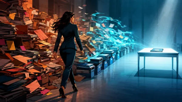 Une professionnelle avance dans une allée encombrée de dossiers tandis qu’une lumière numérique libère un passage vers le document important.