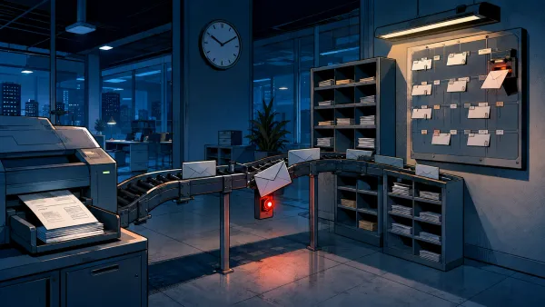 Dans un bureau automatisé, une enveloppe reste bloquée tandis que le reste du traitement semble continuer normalement.